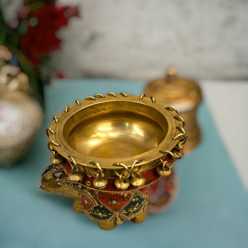 Tamas Brass Elephant Urli Stone Work  (Multicolor)